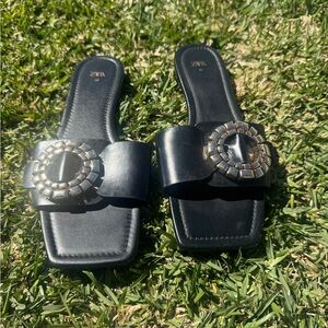 Zara Black Leather Slide Mules with Gold-Tone Decorative Buckles